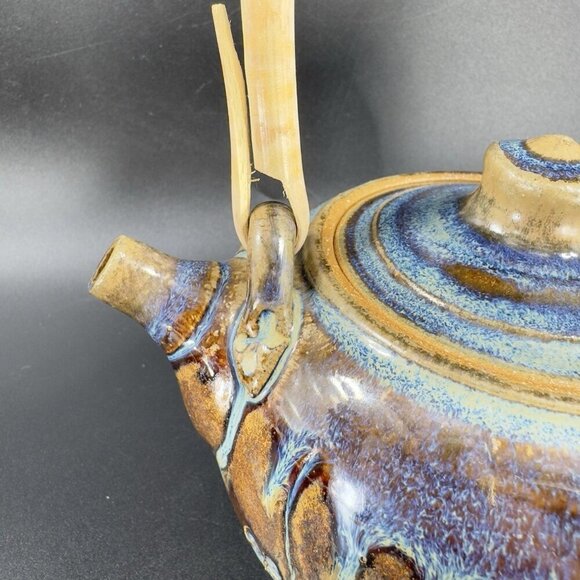 Vintage Pottery Stoneware Teapot Carafe With Wood Handle Drip Glaze Signed Mosia - Picture 5 of 16